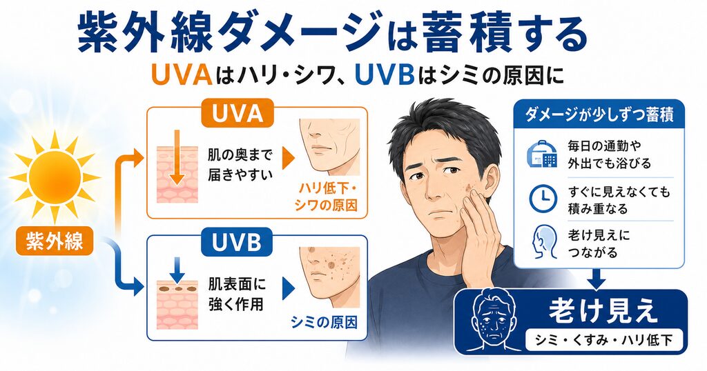 紫外線ダメージの蓄積で、UVAはハリ低下・シワ、UVBはシミの原因になることを示した図