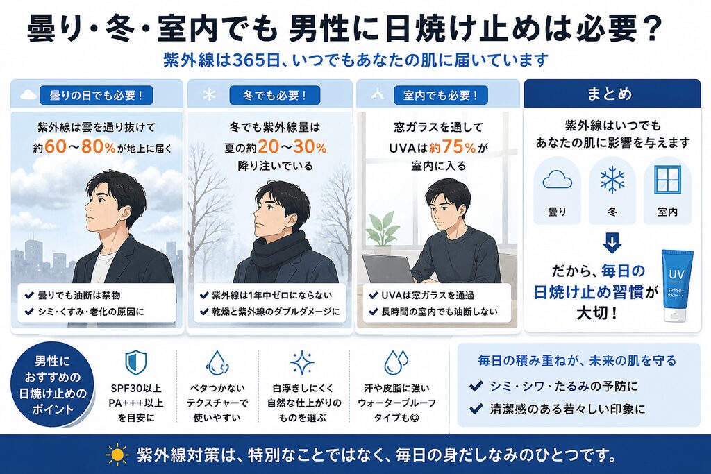 曇り・冬・室内でも男性に日焼け止めが必要な理由を、場面別に示した図