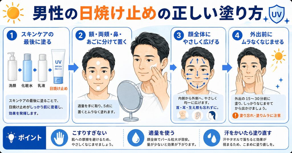男性の日焼け止めの正しい塗り方を手順で示した図