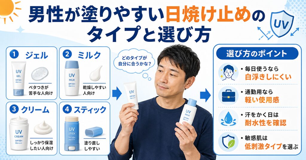 男性向け日焼け止めのタイプと選び方をまとめた図